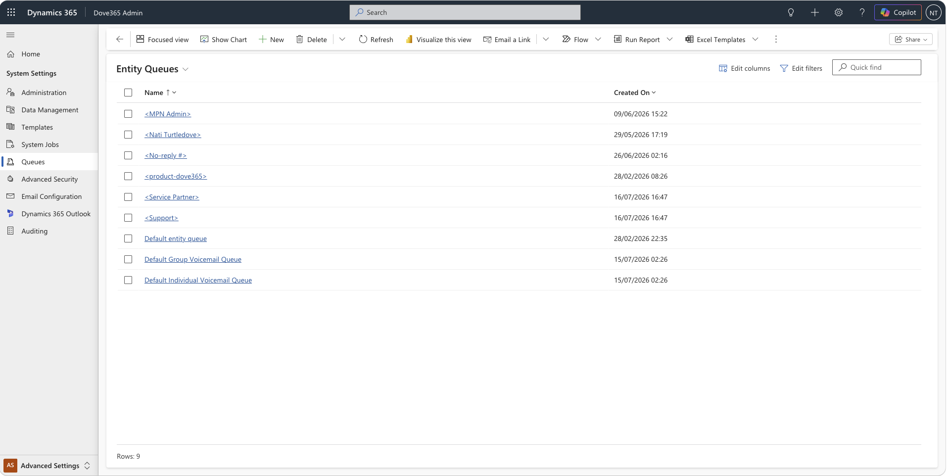 Dove365 Support admin queues view