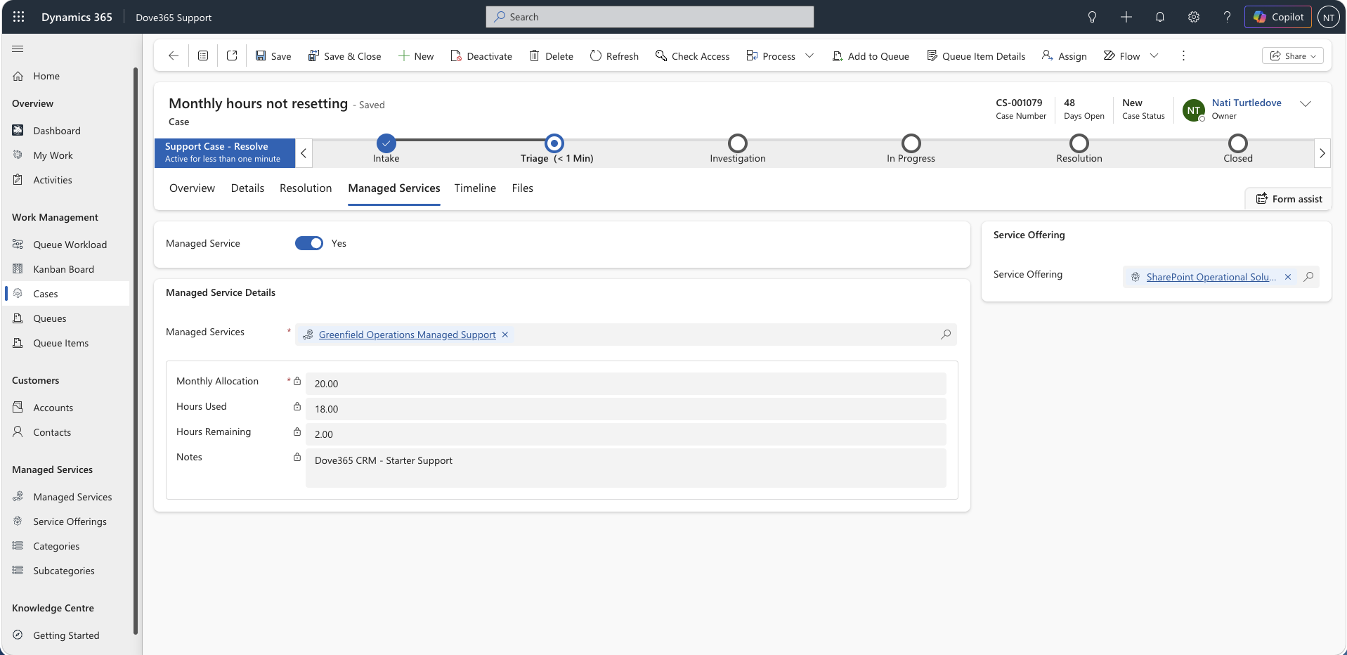 Managed Service context on a Dove365 Support Case