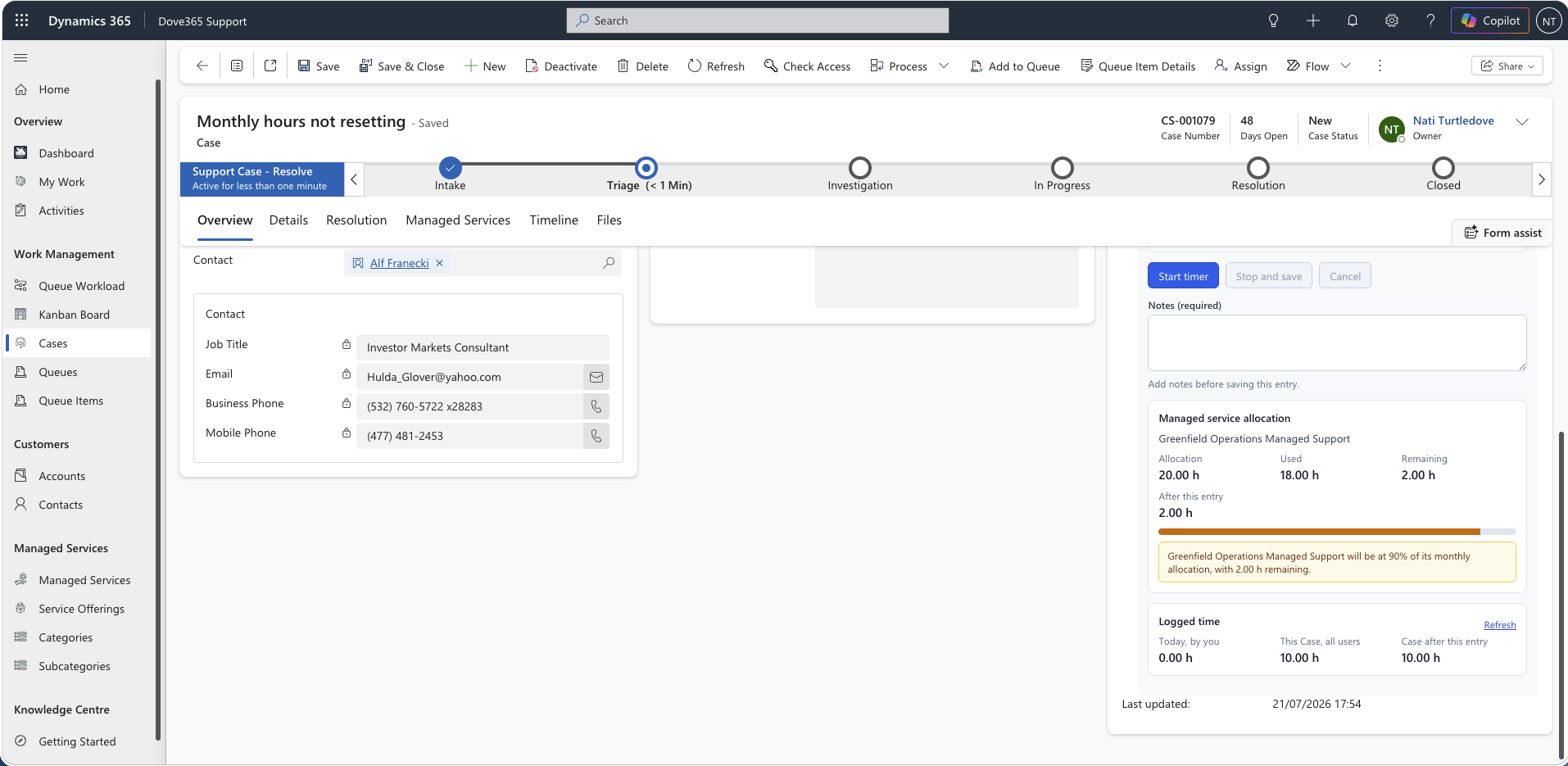 Managed Service context on a Dove365 Support Case