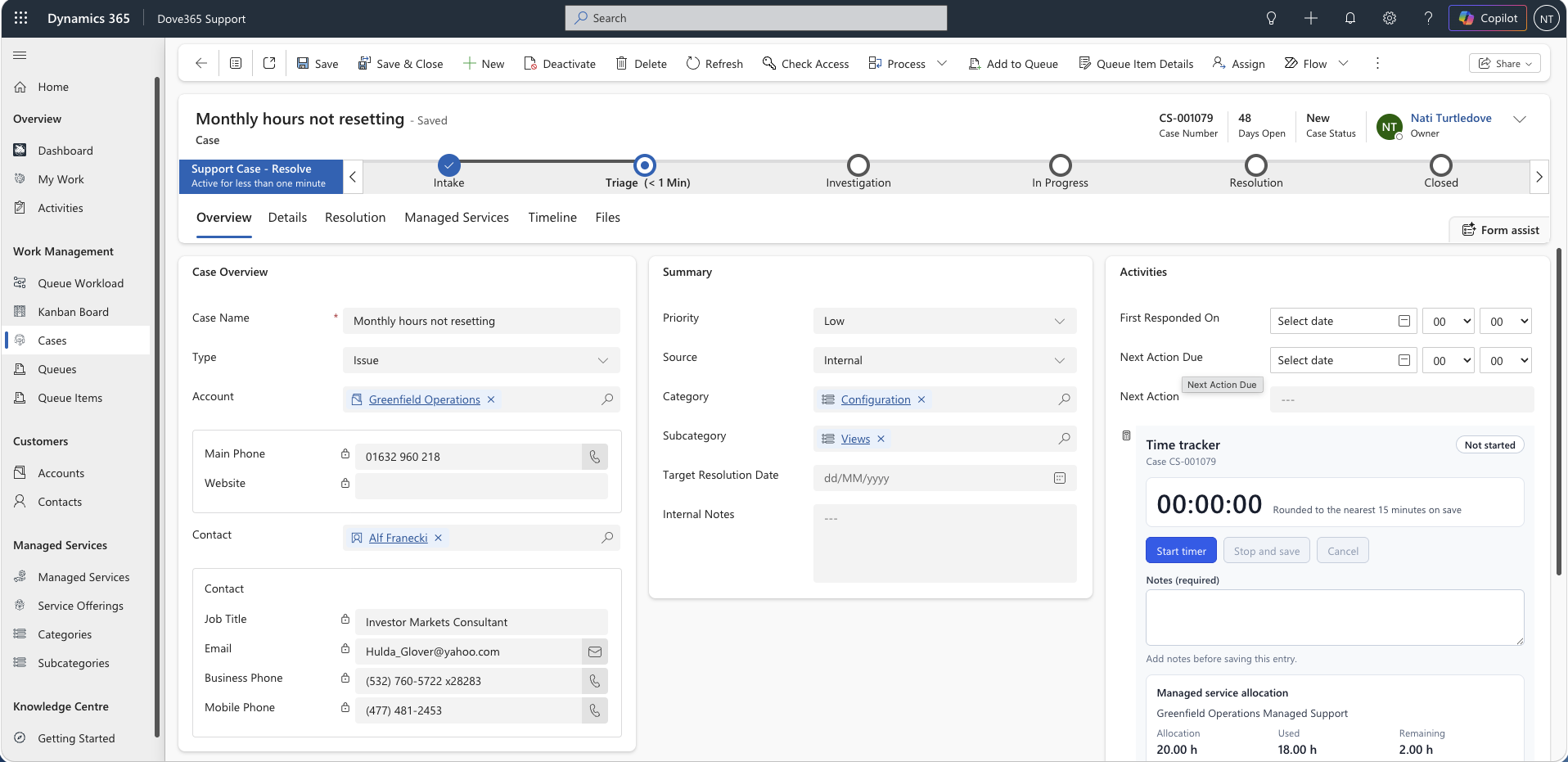 Dove365 Support Activity Time Tracker on the Case form