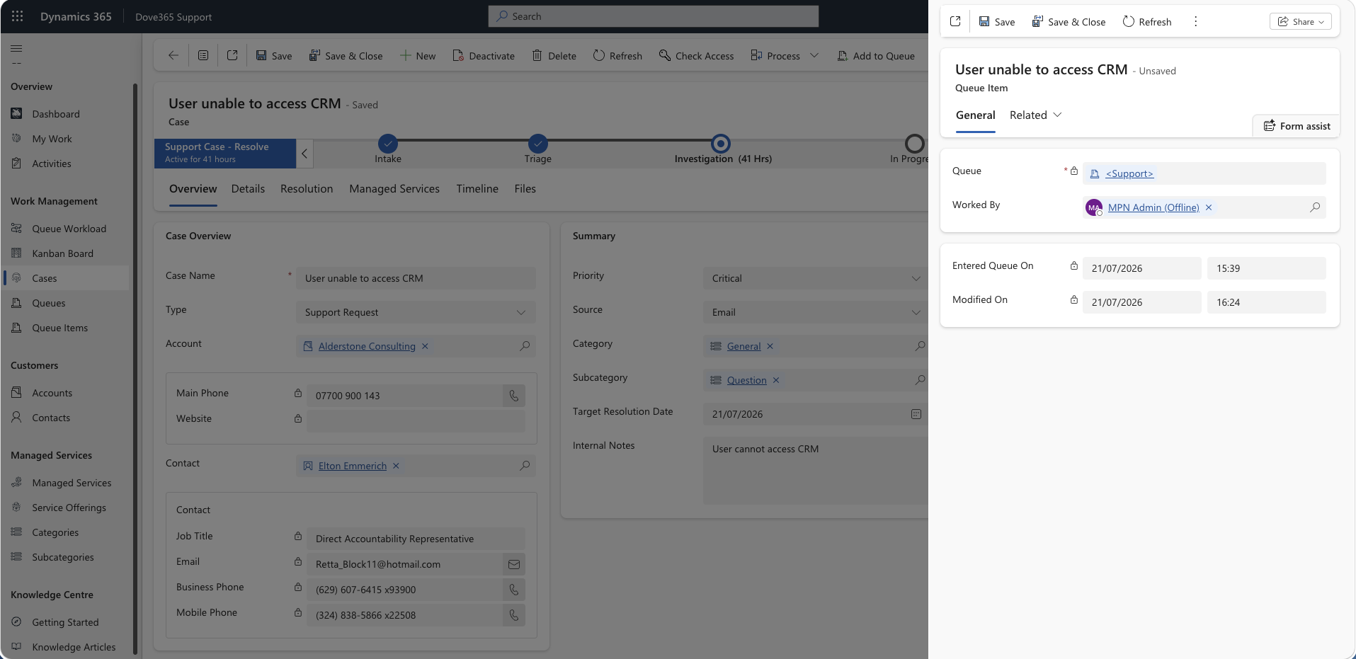 Dove365 Support case worked by