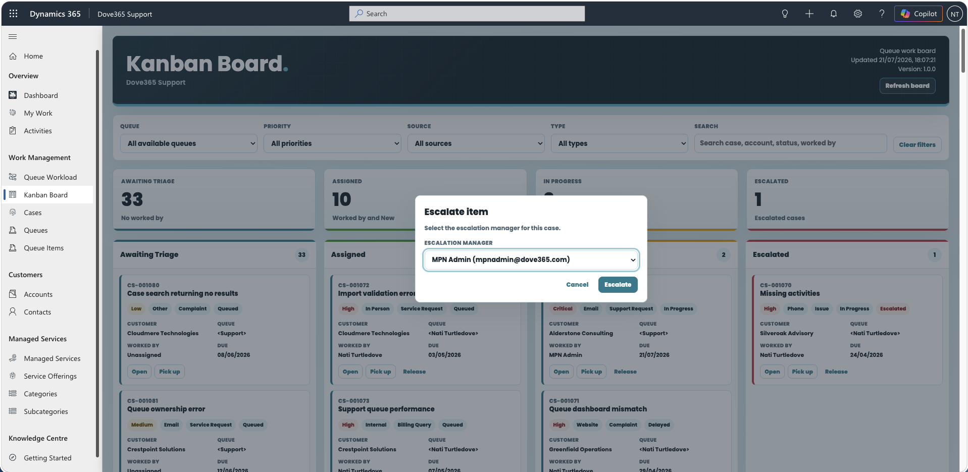 Routing a Dove365 Support queue item to a queue