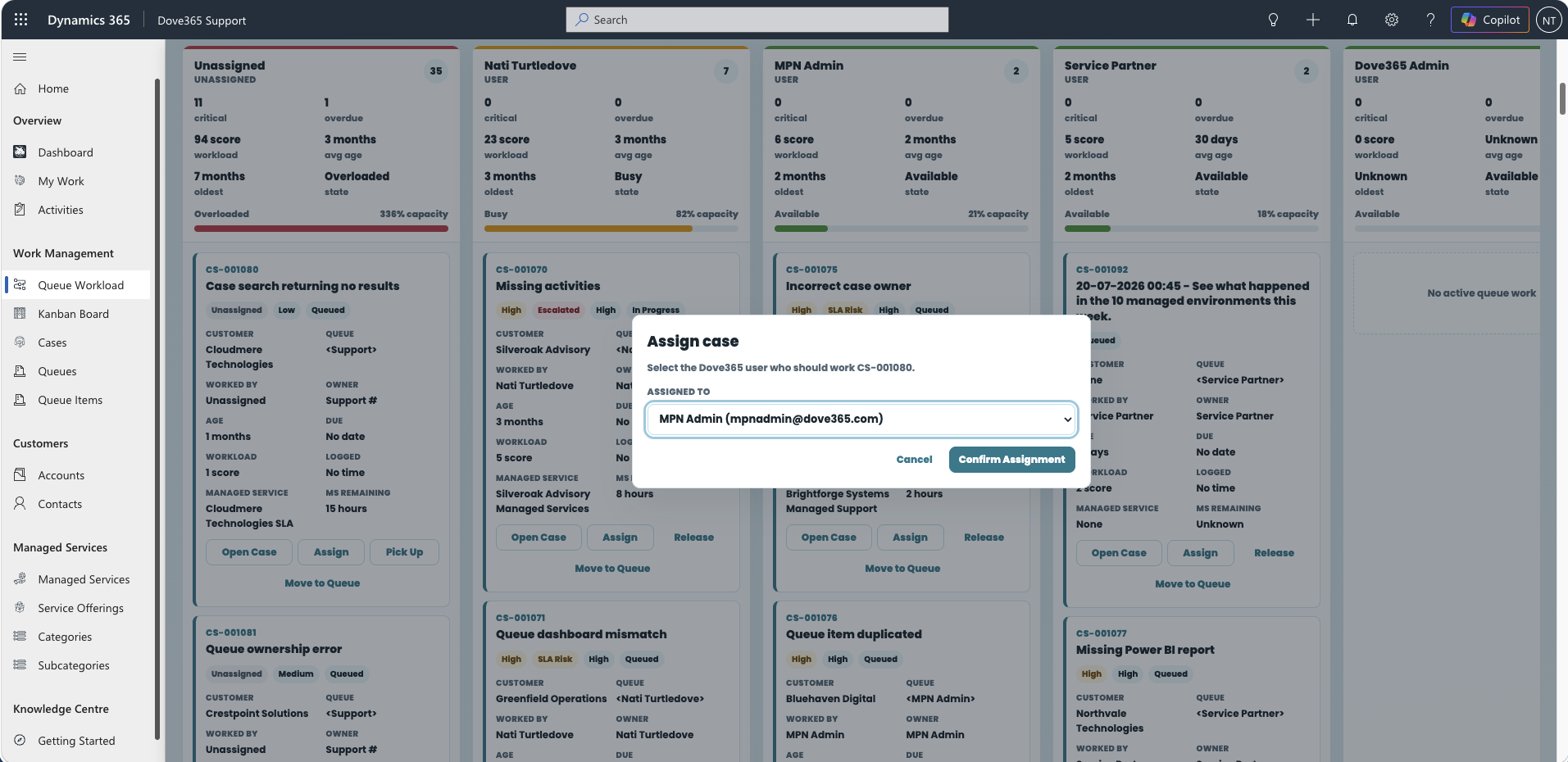 Assigning a Case on the Dove365 Support Queue Workload Board